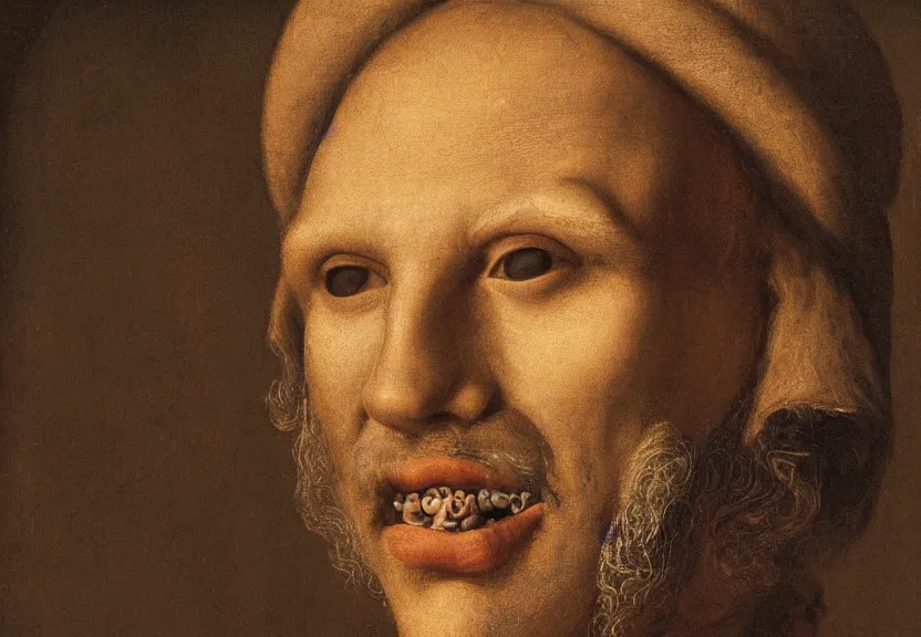 Prompt: a ultra realistic photograph of a man's face neon oozing out of his pores, renaissance