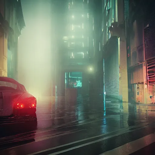 Prompt: a foggy night in milano in 2 0 7 9, cyberpunk future, distopic, cinestill, photography, realistic, hyper detailed, unreal engine, cinematic, octane render