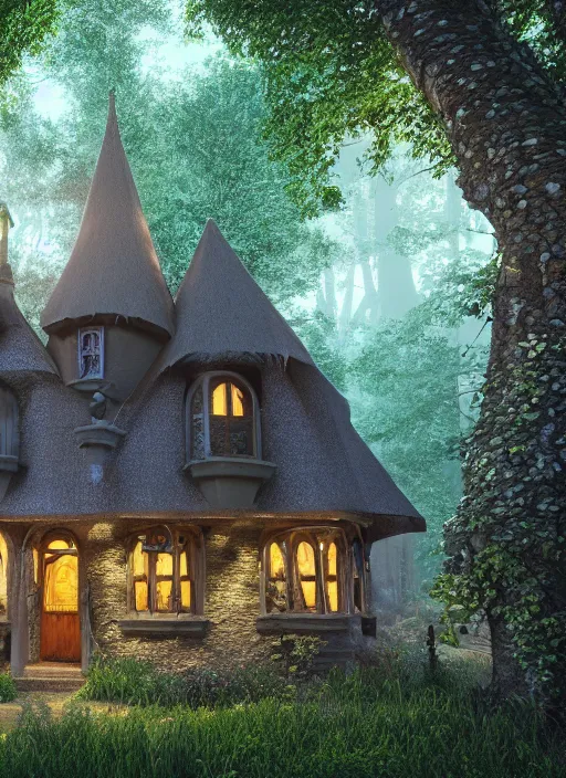 Image similar to hyper realistic homely ornate witch cottage architectural, in the woods gorgeous lighting, blue sky, highly detailed, lush forest architectural render, octane render, ue 5 raytraced