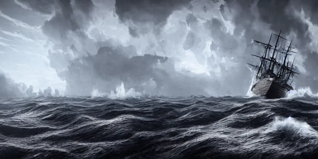 Image similar to a wooden big ship in the middle of the sea during a storm, turbulent sea, high coherence, highly detailed, high quality, 8 k, dramatic lighting, cinematic, epic scene, path traced, hyperrealistic, concept art, octane render, unreal engine 5, trending on artstation, a red cross in the ship flag, high contrast