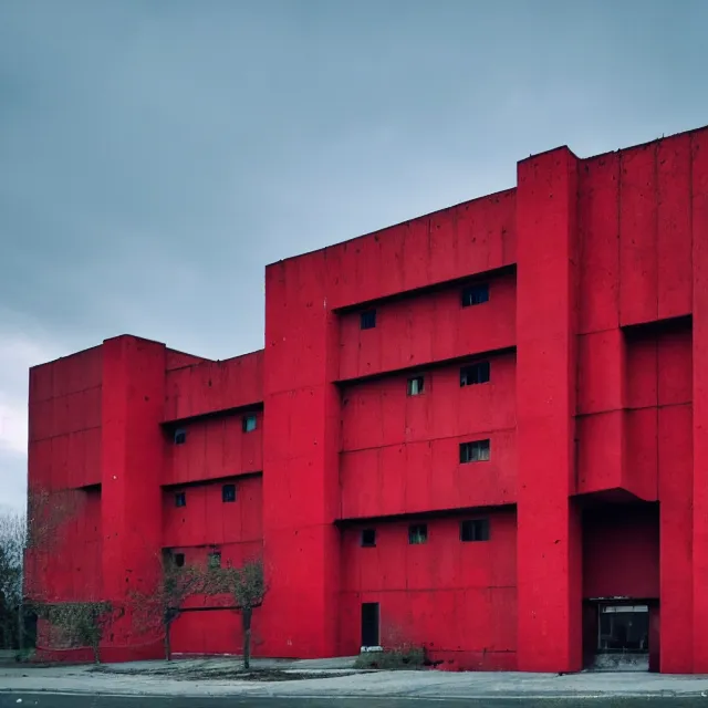 Image similar to brutalist building fully covered in thick red paint