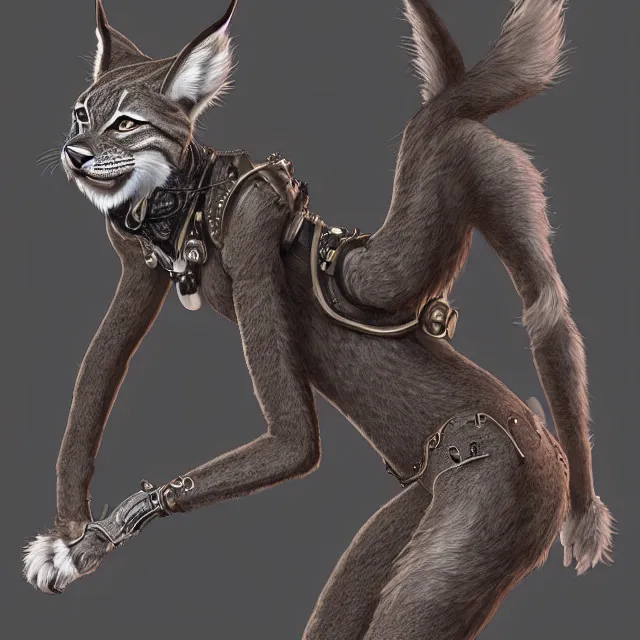 Image similar to the full body of anthropomorphic lynx fursona from behind wearing a steampunk suit as unimaginably beautiful, gorgeous, elegant, young woman with lynx head, an ultrafine hyperdetailed illustration by furaffinity, intricate linework, white fur, unreal engine 5 highly rendered, global illumination, radiant light, detailed and intricate environment