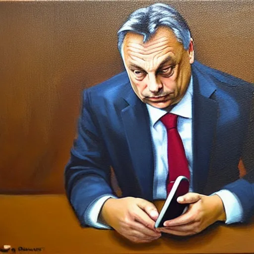 Image similar to viktor orban playing on his phone in a cubicle, oil painting