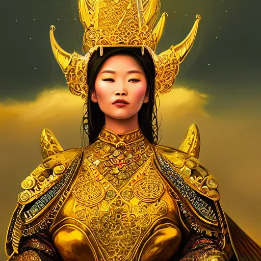 Image similar to beautiful closeup portrait of a gorgeous mongolian princess in a sensual pose covered with golden ornate armor, centered face, with full makeup, intricate, volumetric lighting, sharp focus, ultra detailed, artwork by bowater, charlie, brom, gerald, lake baikal in the background