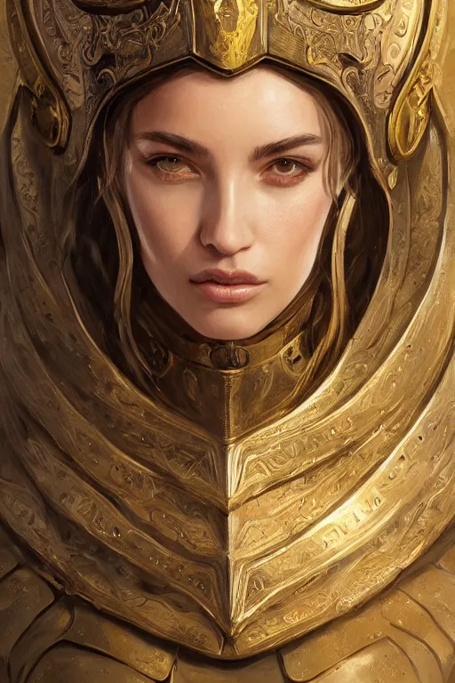 Prompt: a portrait of an attractive young female, ornate metallic helmet, clothed in battle armor, olive skin, long dark hair, beautiful bone structure, symmetrical facial features, intricate, elegant, highly detailed, digital painting, trending on Artstation, concept art, smooth, sharp focus, illustration, in the style of greg rutkowski