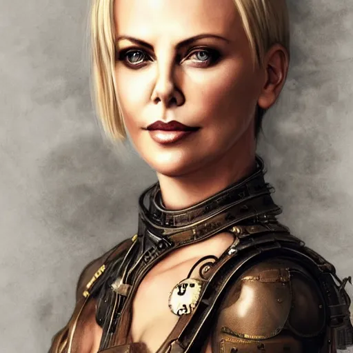 Image similar to beautiful Charlize Theron, perfect face and boy, in detailed steampunk dress, smooth, sharp focus, illustration, realistic, cinematic, artstation, gold, ornate, award winning, original modern artwork, set on H. R. Giger aesthetic, rgb ethereal lighting,8k