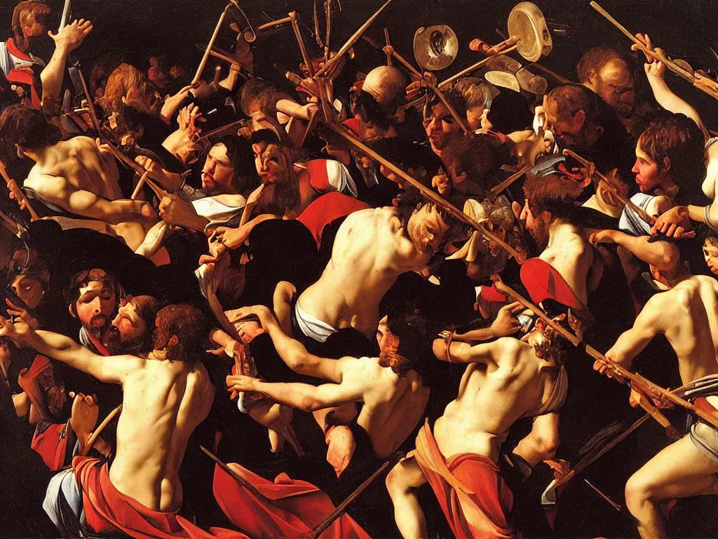 Prompt: oil painting of David with the head of Goliath surrounded by young people with musical instruments, painted by Caravaggio,