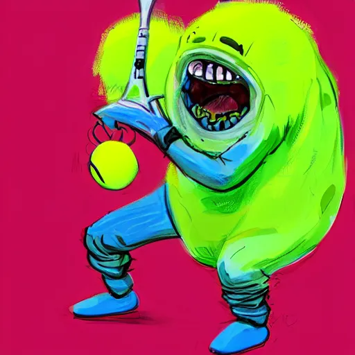 Prompt: a tennis ball monster wearing a hoodie ,tennis ball, tennis racket, colorful, digital art, fantasy, magic, trending on artstation, ultra detailed, professional illustration by Basil Gogos