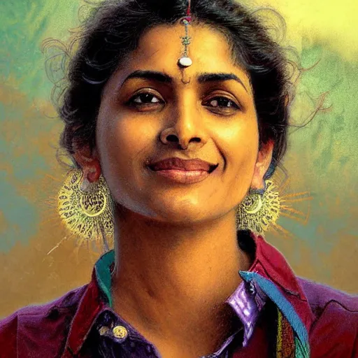 Image similar to close up a beautiful Indian doctor wearing jeans and a shirt in Texas in 2022, sun shining, photo realistic illustration by greg rutkowski, thomas kindkade, alphonse mucha, loish, norman rockwell.