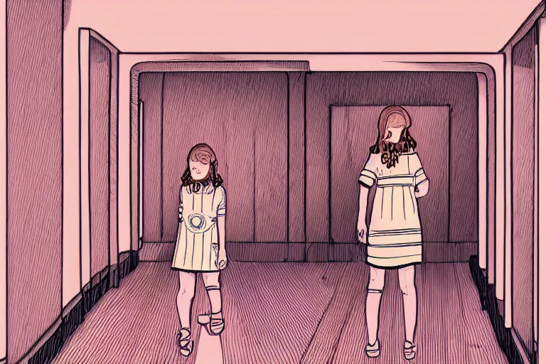 Image similar to scary ginger twin girls standing in an endless hallway, illustration, cute but scary, digital art, unique, trending on artstation, artistic, symmetrical, inspired by wes anderson