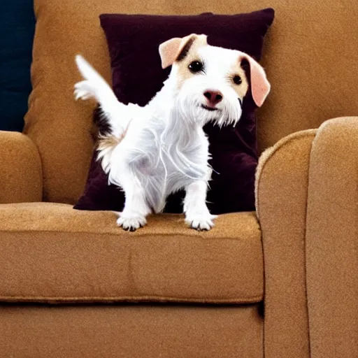 Prompt: a parson russell terrier jumping onto furniture, children's illustration