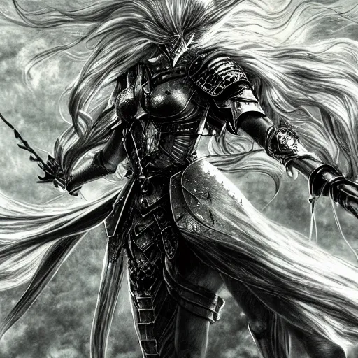 Image similar to Yoshitaka Amano realistic illustration of an anime girl with wavy white hair and cracks on her face wearing dark souls armour with the cape fluttering in the wind, abstract black and white patterns on the background, noisy film grain effect, highly detailed, Renaissance oil painting, weird portrait angle