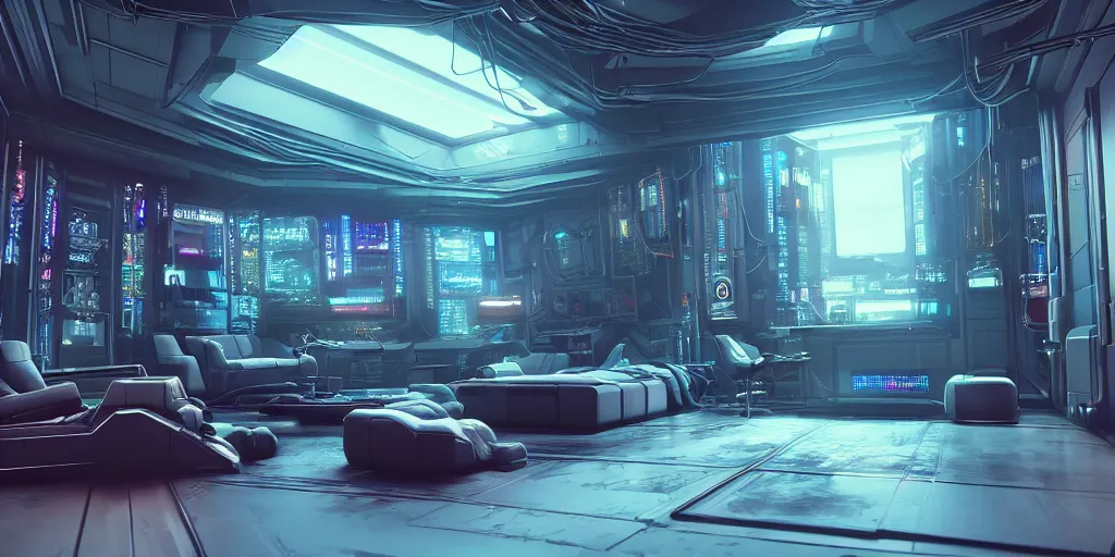 Prompt: ultra detailed photorealistic cyberpunk interior, cinematic light, sci fi, glossy, big cybernetic chair, wires, robotics, futuristic decor, trending on artstation, global illumination, ultra realistic illustration, matte painting, high detailed, unreal engine, octane render, 4 k, hd, high quality