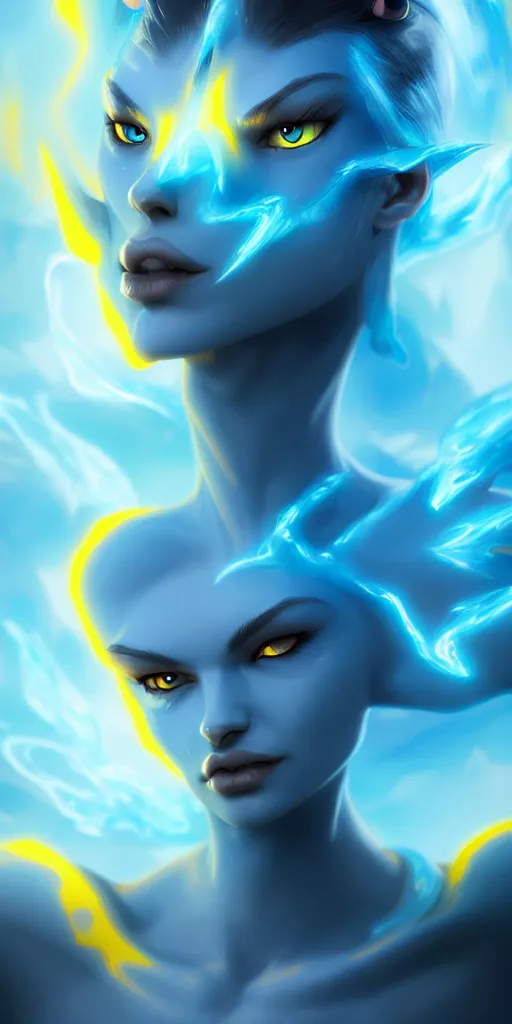 Prompt: wispy smoky polite blue air elemental djinn with yellow eyes and lightning; detailed, best on artstation, cgsociety, wlop, cosmic, epic, stunning, gorgeous, masterpiece