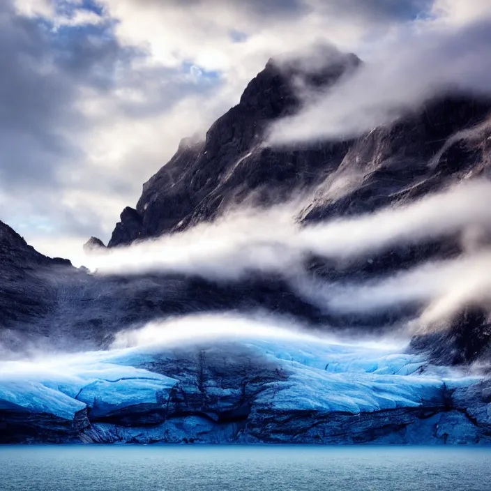 Prompt: award winning photo of glacier floating in the sky surrounded by clouds and mist,