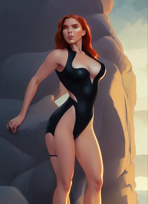 Image similar to kim possible in a black swimsuit, intricate, elegant, highly detailed, digital painting, artstation, concept art, smooth, sharp focus, illustration, art by artgerm and greg rutkowski and alphonse mucha, 8 k