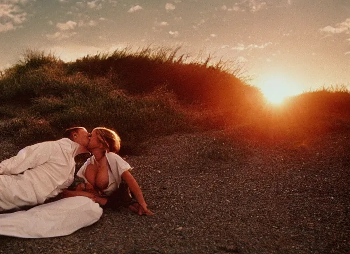 Image similar to A film photography of a couple kissing from movie Here to Eternity, laying on secluded beach. by William Egglestone. Cinematic. Golden Hour. Kodak Portra 400. Lens flare. 50mm lens