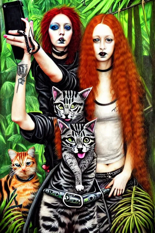Prompt: punk rock girls making selfie with cats in jungle , mad max jacket, post apocalyptic, renaissance, oil painting like Leonardo Da Vinci, hyper realistic style, fantasy by Olga Fedorova