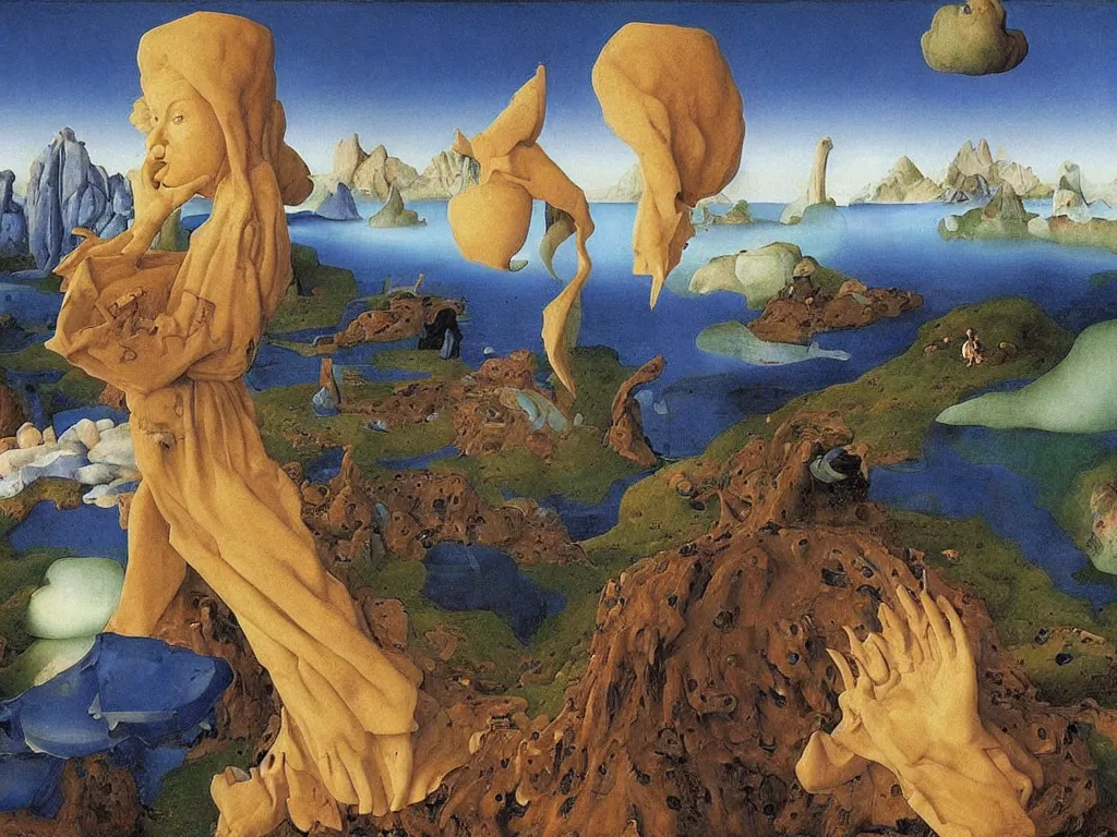 Image similar to Portrait of albino mystic with blue eyes, with portal to another realm. Landscape with lapis lazuli tsunami, giant wave. Painting by Jan van Eyck, Audubon, Rene Magritte, Agnes Pelton, Max Ernst, Walton Ford