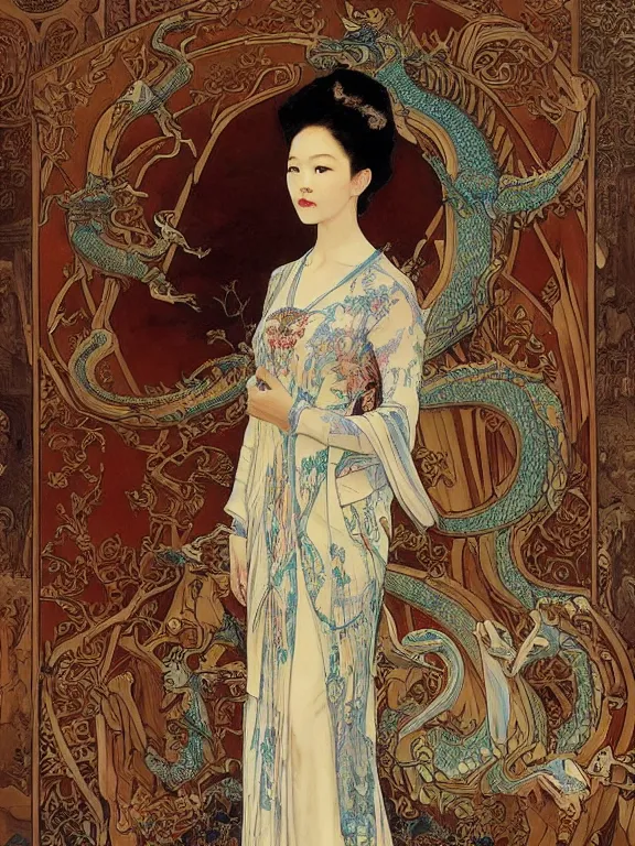 Image similar to an art nouveau painting of a pretty young zhang ziyi, dressed in a traditional, modest chinese intricately embroidered silk gown with a high collar, in front of a carved screen showing a tiger and a dragon, intricate, detailed, smooth, complex, elaborate, by alphonse mucha and james gurney and john william waterhouse