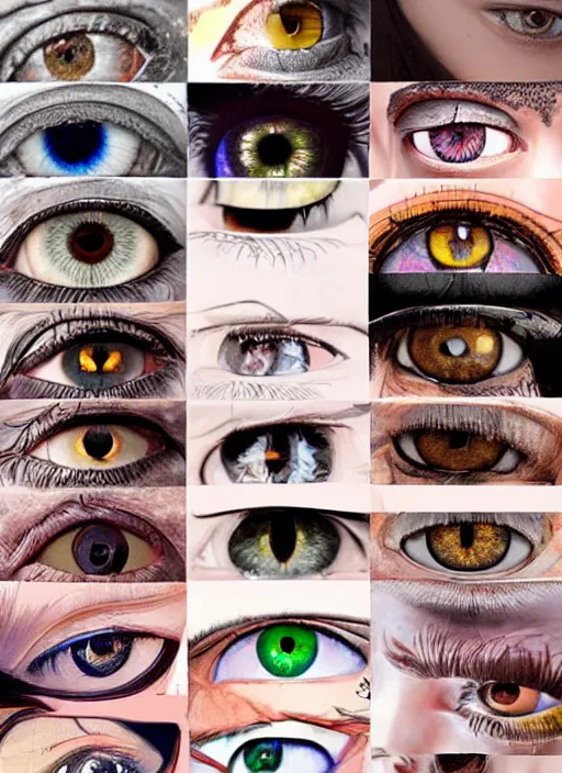 Prompt: diverse eyes!, dot pupils, sperical iris, macro, advanced art, art styles mix, from wikipedia, grid of styles, various eye shapes