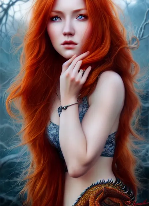 Image similar to portrait photo of a gorgeous young redhead woman with intricate detailed dragon eyes, in the style of stefan kostic, realistic, sharp focus, 8k high definition, insanely detailed, intricate, elegant, art by stanley lau and artgerm