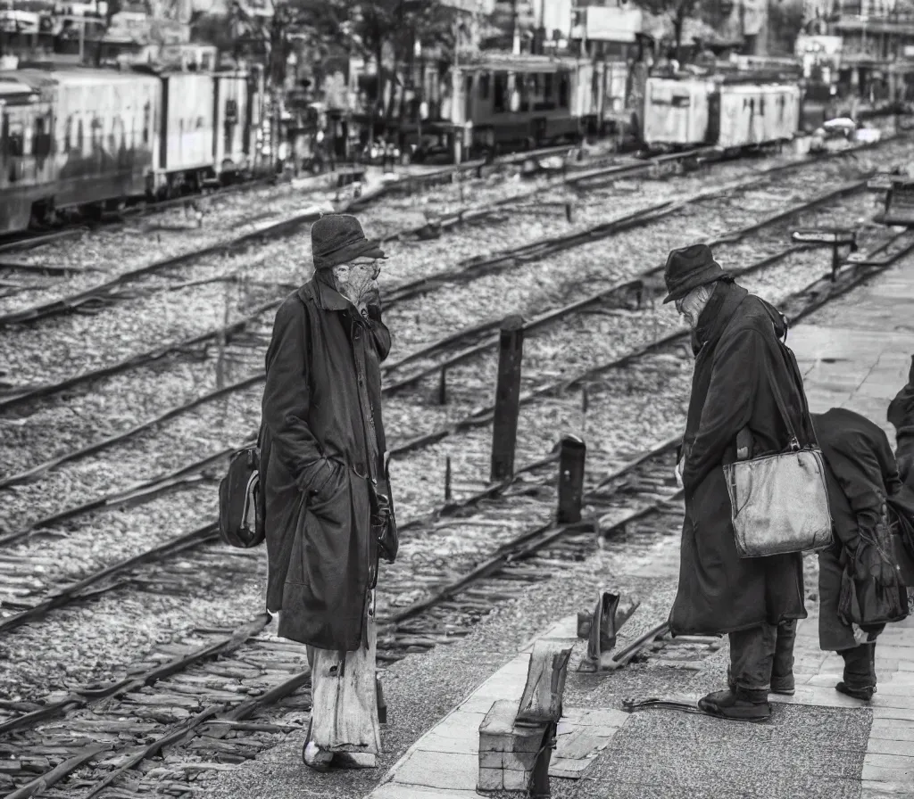 Image similar to Old man with a newsboy hat waits for a train with a lot of baggage on a platform, trains in the background, low angle, morning hard light, realistic digital art