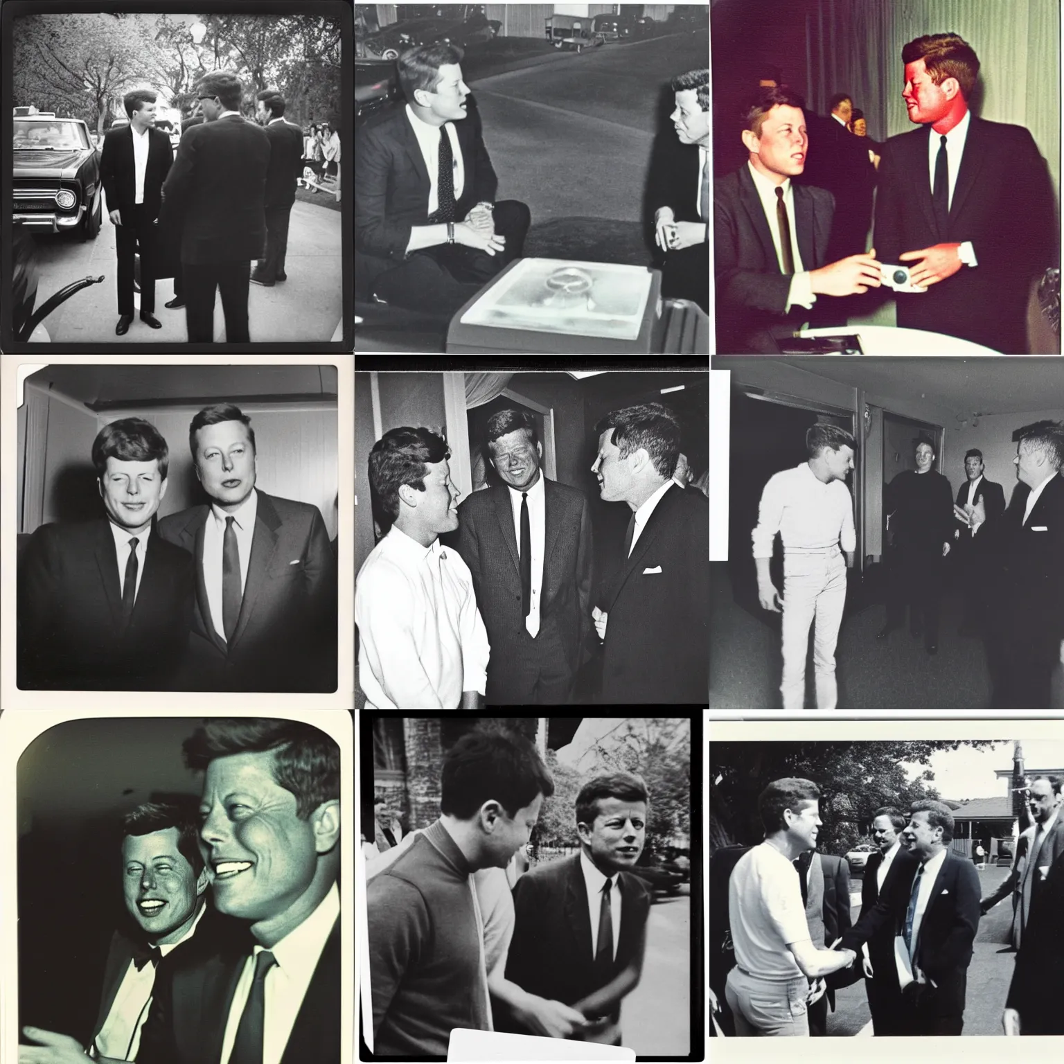 Prompt: old polaroid from 1 9 6 9 depicting elon musk meeting john f kennedy
