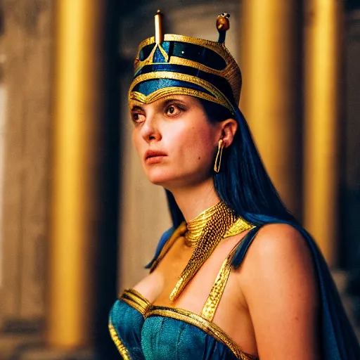 Prompt: queen cleopatra in a cinematic closeup. lounging. royal chamber. canon eos c 3 0 0, ƒ 1. 8, 3 5 mm. 8 k. medium - format. inspired by roger deakins cinematography, photorealistic