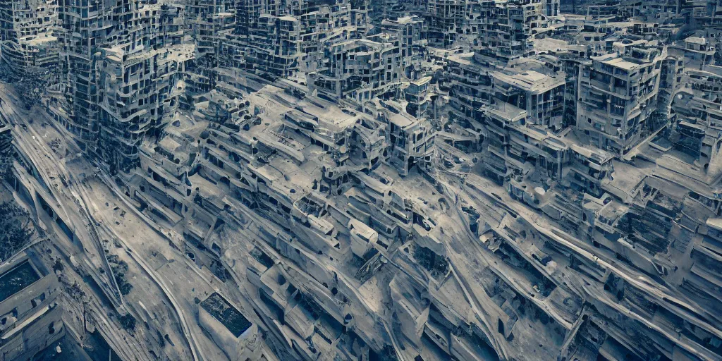 Image similar to drone view of a city with a large road through, Brutalist architecture,sharp focus,telephoto lens,digital art by Maciej Kuciara 4k