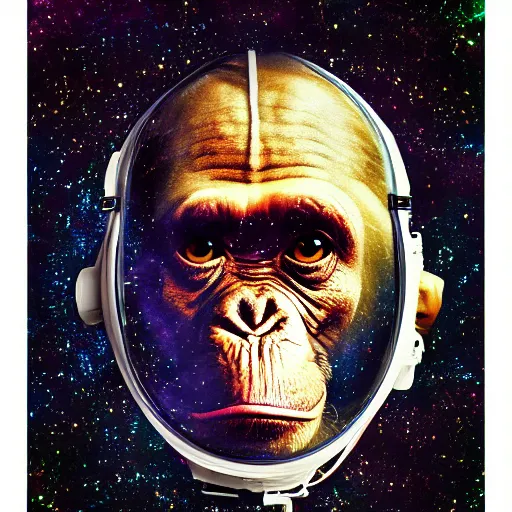 Image similar to double exposure portrait of astronaut and a chimpanzee astronaut with space and time in the the background by davinci, circles, psychedelic, pencil art, high definition, dynamic lighting stars, sharpness, golden ratio