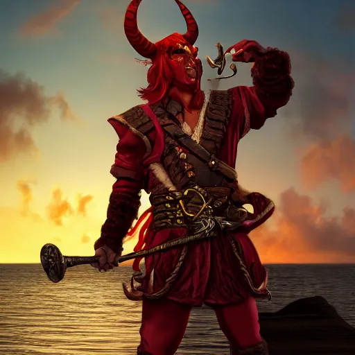 Image similar to a red skinned horned male tiefling, dungeons and dragons, wearing a pirate coat with shiny gold buckles and a rapier on his hip, standing at the prow of his ship looking out over the water, uhd, high detail, sunset lighting