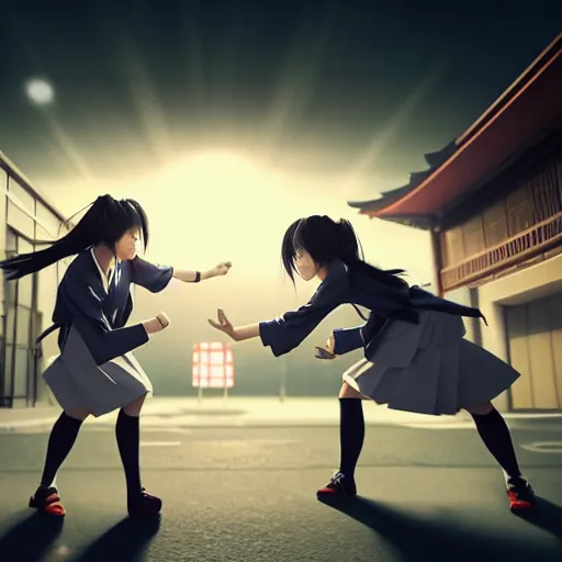 Image similar to two japanese schoolgirls fighting in the parking lot of a store at night, intricate details, complementary lighting, detailed face, backlighting, octane render, raytraced, depth of field, extremely detailed, trending in artstation, sharp focus, radiant light, beautiful composition, yihao ren, zochi, zero - hour, jean paul fiction