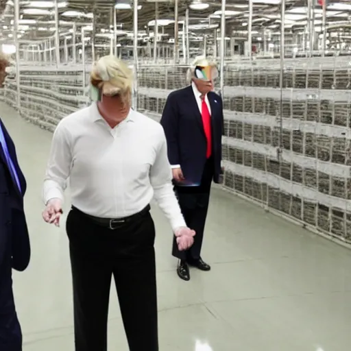 Image similar to donald trump inspecting quality of soap in a soap factory