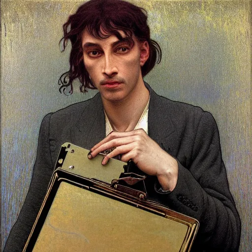 Image similar to realistic extremely detailed portrait painting of. an average. man with his. briefcase .in his. left hand . by Jean Delville, Amano, Yves Tanguy, Alphonse Mucha, Ernst Haeckel, Edward Robert Hughes, Roger Dean, pale muted pastel moody colors, gold eyes