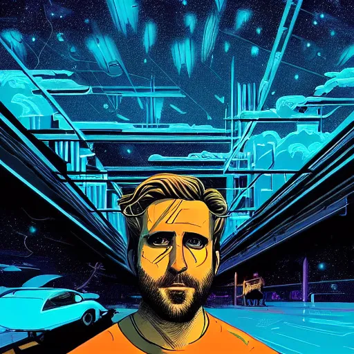 Image similar to a portrait of a Rayan Gosling with thunders in the sky in a future cybernetic city, outrun style and colours, trending on arstation, by dan mumford, by ross tran