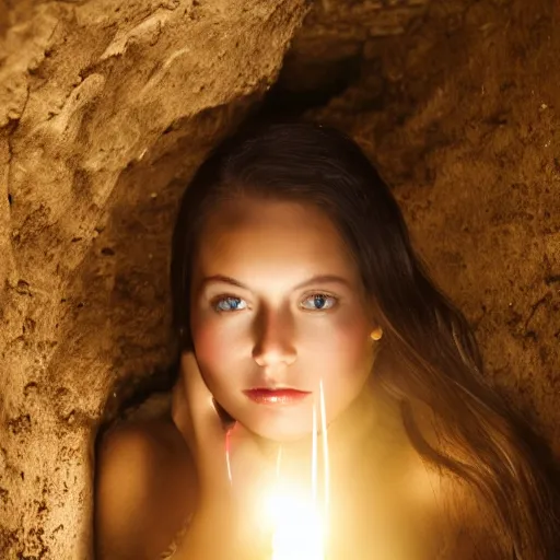 Prompt: gorgeous shining goddess in dark cave, woman, young