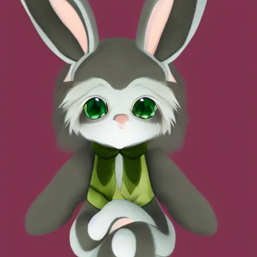 Prompt: little anthropomorphic bunny, green eyes, light brown fur, grey hair, wlop