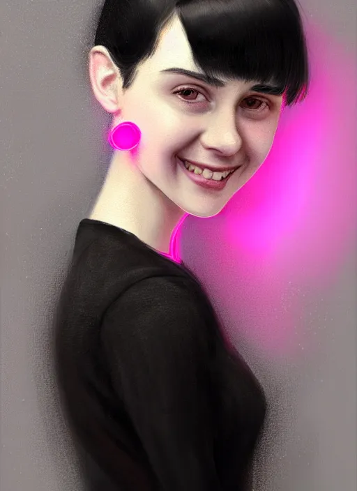 Image similar to portrait of teenage girl, realistic, black hair, bangs, half updo hairstyle, pointy nose, skinny, smile, ugly, defined jawline, big chin, pink hair bow, earrings, intricate, elegant, glowing lights, highly detailed, digital painting, artstation, sharp focus, illustration, art by wlop, mars ravelo and greg rutkowski