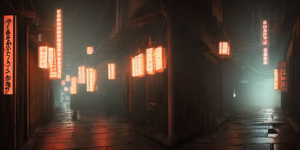 Prompt: a japanese alleyway filled with ghosts, in the style of blade runner 2049, volumetric lighting