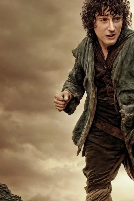 Image similar to film still of bruce springsteen as frodo baggins in lord of the rings movie, glamour pose, dramatic lighting, octane, volumetric lighting, 8 k