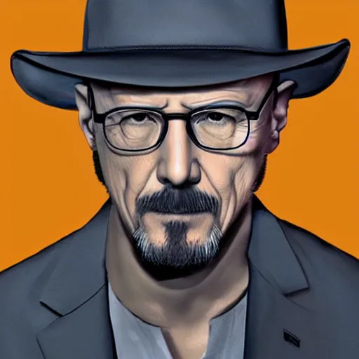 Image similar to Hideo Kojima as Heisenberg Walter White, matte paint, portrait, very coherent, airbrush