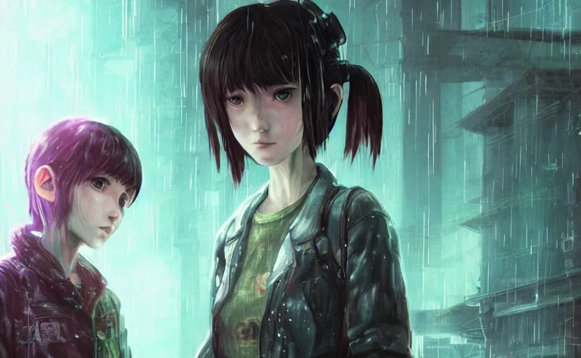 Image similar to an epic fantasy comic book style portrait painting of an extremely cute and adorable very beautiful cyberpunk lain ( serial experiments lain ) and ellie ( the last of us ) in the rain, neon reflections, character design by mark ryden and pixar and hayao miyazaki, unreal 5, daz, hyperrealistic, octane render, cosplay, rpg portrait, dynamic lighting, intricate detail, cinematic