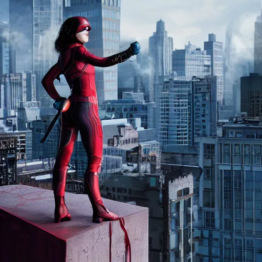 Image similar to female daredevil on top of a building, octane, realistic lighting, marvel movie still