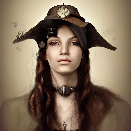 Image similar to a portrait of a beautiful steampunk woman by mario testino, long hair, aged 2 5, swedish, wearing a travel hat, photo realistic, real life, photograph, 3 5 mm, octane render, trending on artstation