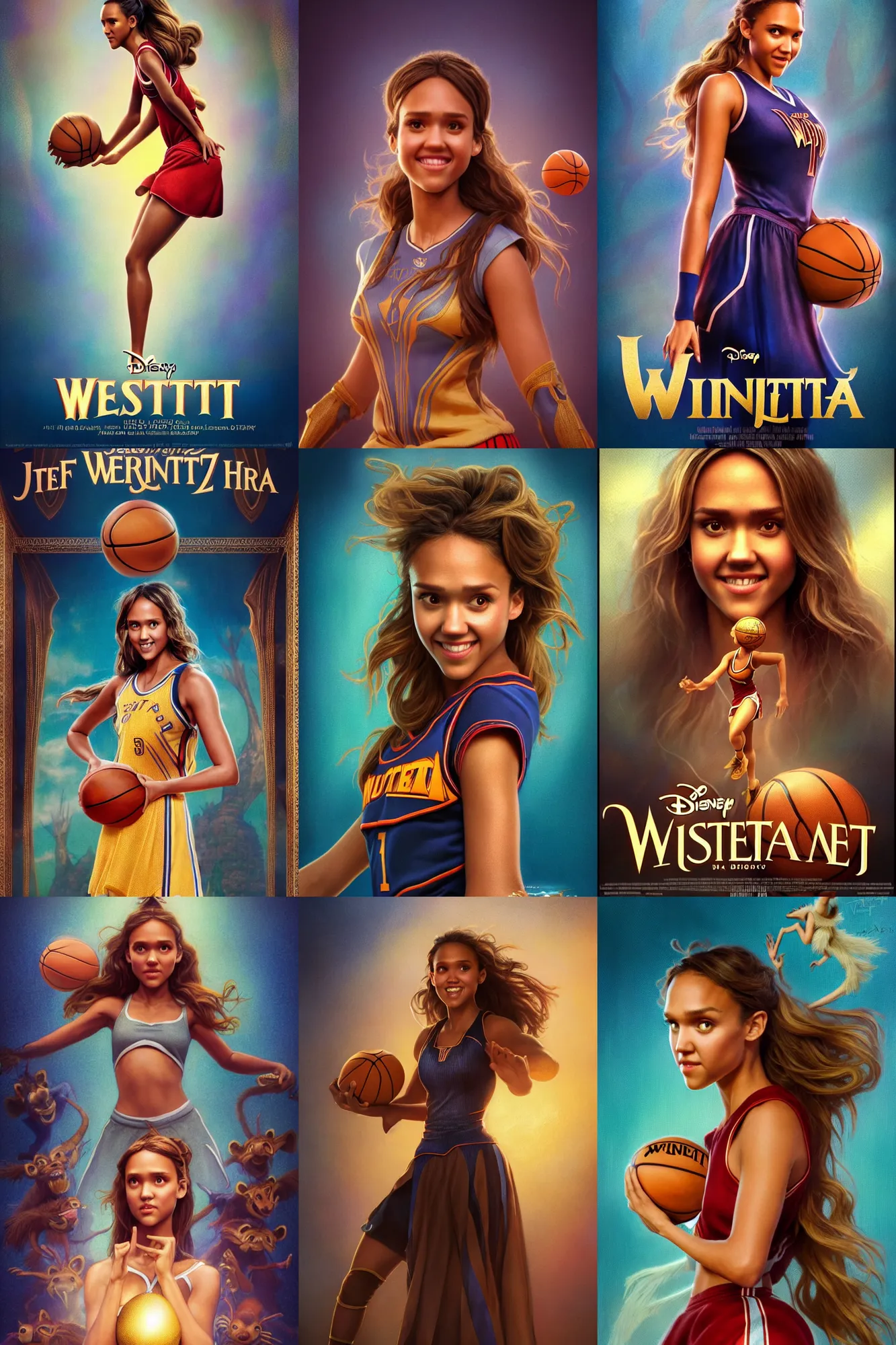 Prompt: disney weta movie poster photo : : of jessica alba as nba hero ( basketball girl ) : : octane render, artstation, soft, decadent, polished, by mucha, artgerm, wlop, loish, beeple, cheerleader, illustration, fantasy, soft, smooth, sharp focus, digital painting, hi - fructose, rutkowski