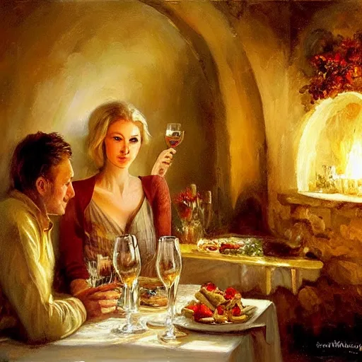 Image similar to wine cellar full of food, torches on the wall, schnapps, romantic, inviting, cozy, blonde woman, painting, Fritz Wagner, Vladimir Volegov, Olga Zakharova