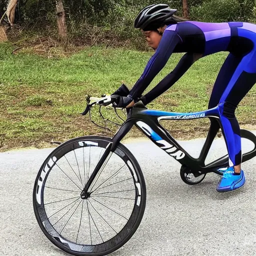 Prompt: athletic woman cyclist wearing skintight dark blue catsuit with a see - through mesh stripe all the way up the left side, from her ankles to her neck, and you can see the color of her skin through the mesh. instagram photo