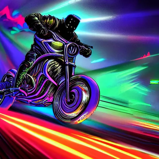 Prompt: psychedelic blacklight neon airbrush artwork, motorcycle, hyper stylized cinematic action shot of an orc racing on a motorcycle, menacing orc, drifting, skidding, wheelie, clear focused details, soft airbrushed artwork, black background, post apocalypse, cgsociety, artstation, peter lloyd art, peter palombi art