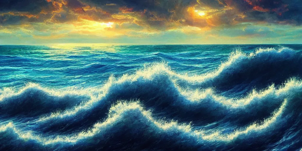 Image similar to If our mouths where filled of praise like the sea, and our tongues joy like it’s manny waves we could never reach Your praise, surrealism, musical notes, beautiful sea landscapes, Very colorful painting 8k trending on art station, Intricate details, very realistic, cinematic lighting, volumetric lighting,